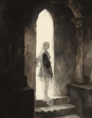 A soft digital painting of a pale gothic young teen princess with translucent skin standing in a bright arched doorway inside a dark medieval church, rendered in the style of Rembrandt.