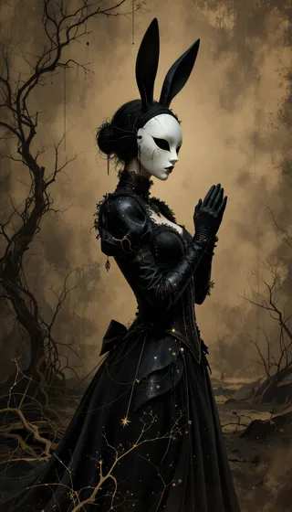 A dark fantasy gothic figure of a rabbit girl wearing a porcelain mask and long black dress, standing in profile against a barren, eerie background.