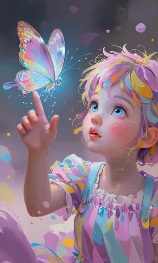 A colorful digital painting of a cyborg child reaching toward a glowing, holographic butterfly with large blue eyes and pastel hair, wearing a vibrant dress.