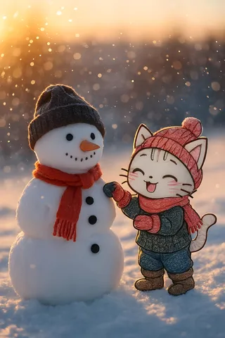 A snowman with a dark knit hat and red scarf stands in the snow beside a joyful chibi cat wearing winter clothing, with falling snow and a glowing sunset background.