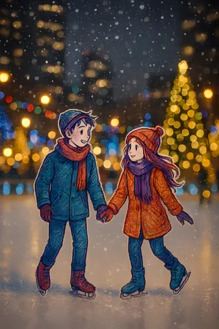 A hand-drawn boy and girl couple ice skating on a rink at night with Christmas lights and snowfall creating a bokeh effect.