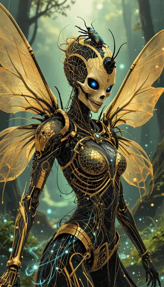 Dark fantasy digital painting of a skeletal queen with glowing blue eyes, golden honeycomb armor, moth-like wings, and an iridescent beetle on her skull.
