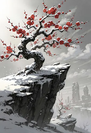 Plum blossom tree with bright red flowers covered with snow, perched on a snowy cliff under a gray sky with dramatic chiaroscuro lighting in the style of Japanese artist Yoshitaka Amano.