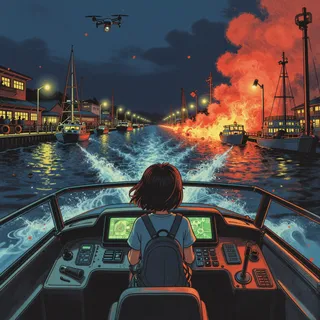 View from behind a girl piloting a speedboat through a harbor at night, with flames and smoke erupting on the right side, a drone flying overhead, and lit boats along the docks.