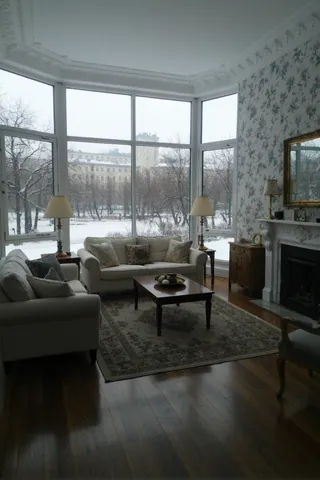 Traditional living room with floor to ceiling windows overlooking a snowy Moscow park and Stalinist apartment buildings. Features include mahogany wood floors, sofas, coffee table, rug, and fireplace.