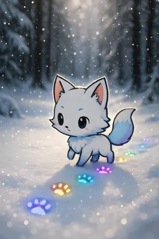 Cute chibi snowfox walking through a snowy winter forest leaving a trail of multicolored glowing paw prints with sparkling snow and soft natural lighting.