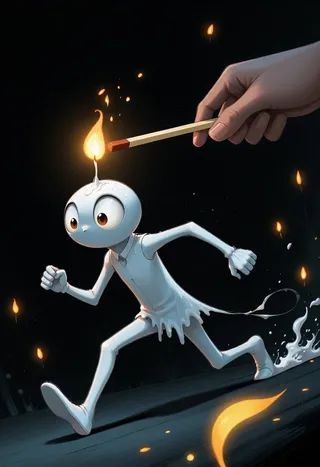 An animated white candle character with expressive eyes running frantically away from a large hand holding a burning matchstick, set against a dark background with warm highlights.