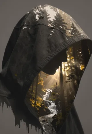 Side profile silhouette of a hooded figure blended with a photorealistic forest landscape featuring a cascading waterfall and golden sunlight rays through trees.
