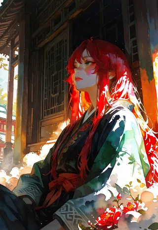 A detailed watercolor-style painting of a red-haired character in traditional ancient Asian clothes sitting outdoors near an ancient building, with sunlit warm tones and red peony flowers.