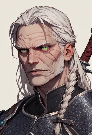 Elderly Geralt of Rivia with green slit pupils, braided long white hair, wearing black armor and chainmail, looking intently at the viewer.