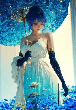 A serene young woman with vibrant blue hair and delicate features, wearing an elegant white dress with gold accents and long black gloves, holding a decorated blue paper parasol while standing amid a glowing blue flower field.