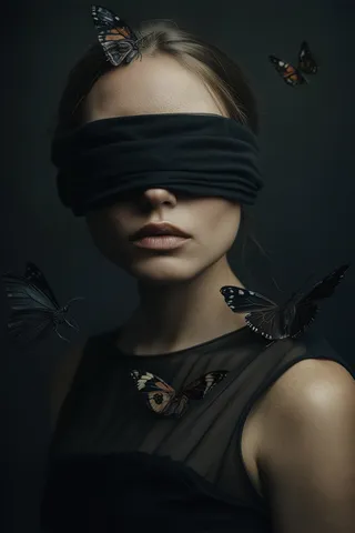 A woman wearing a black dress with a black blindfold covering her eyes, surrounded by butterflies against a dark background.