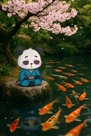 Secluded Japanese pond with koi fish swimming gently, a large cherry blossom tree overhead with petals falling, and a hand-drawn chibi samurai panda meditating on a rock at the pond's edge.