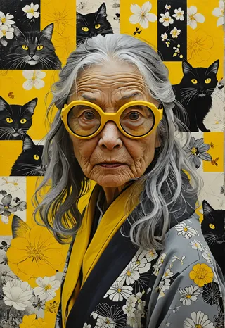 Portrait of an old woman with long black and grey hair wearing large yellow goggles, surrounded by a black and white collage of Japanese imagery including black cats and floral patterns.