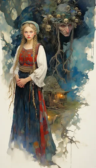 Detailed oil painting of Vasilisa the Beautiful in traditional Slavic dress standing in a misty forest with Baba Yaga looming behind her, near a witch hut on chicken legs, featuring expressionist brushstrokes and a muted color palette.