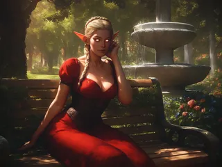 Elf woman with braided blonde hair and glowing eyes, dressed in an ornate red dress with corset, sitting on a wooden park bench with a fountain and flowers in the background.