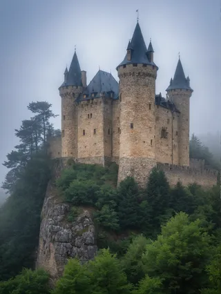 A European stone castle perched atop a rocky hill surrounded by dense pine forest and shrouded in fog with cloudy skies and lit windows.