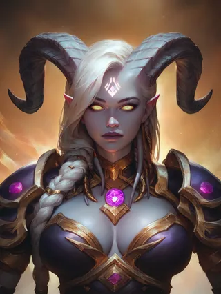 Portrait of a lightforged draenei paladin girl with grey skin, long white braided hair, glowing rune on forehead, ornate curved horns, wearing heavy armor adorned with purple gems.