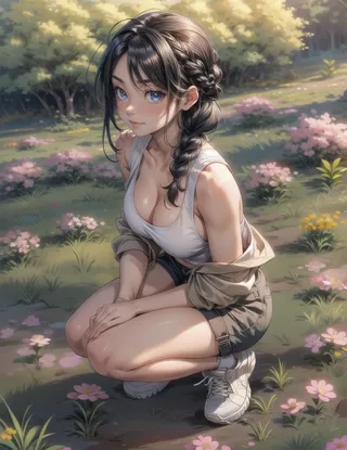 Mature female with black braided hair squatting in a vibrant flower field, wearing a white tank top, brown shorts, and sneakers, outdoors in a forest setting.