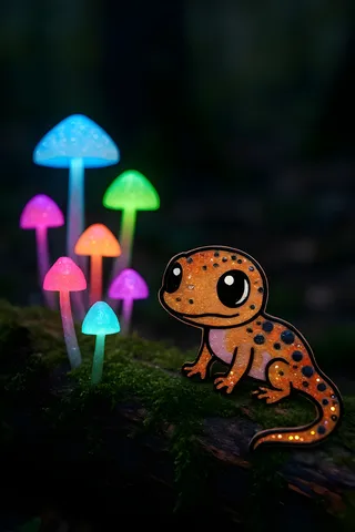 A colorful orange and black speckled chibi salamander with glitter body sits on a mossy log illuminated by multicolored neon glowing ethereal mushrooms, set in a late evening natural forest scene.