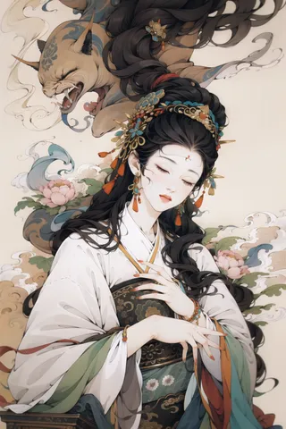 A serene woman with black long hair in traditional Chinese clothing and intricate jewelry, eyes closed, with a mythical creature in the background.
