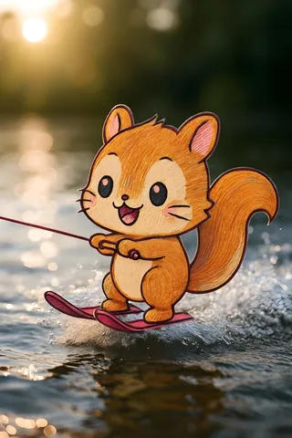 Hand-drawn chibi squirrel water skiing on a lake with natural sunlight and shallow depth of field