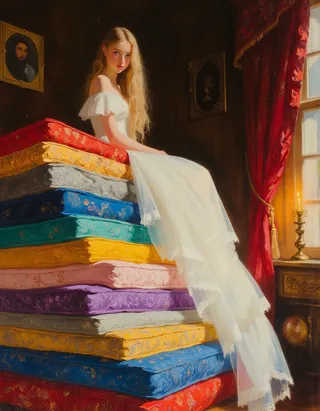 A regal young teenage princess dressed in a flowing white lace gown sitting gracefully atop a tall stack of vividly colored mattresses in a richly detailed room illuminated by warm candlelight.