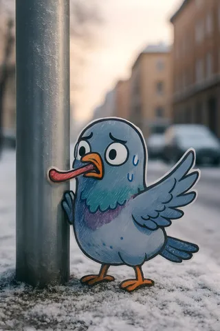 Hand-drawn chibi pigeon with tongue stuck to a metal pole on a snowy winter morning in a realistic city street setting.