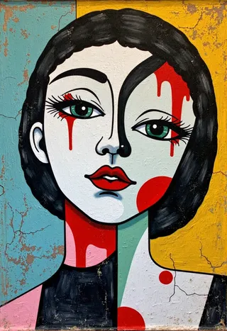 A stylized Cubist portrait of a woman with a white face painted with red and black, featuring green eyes and a cracked textured background with geometric shapes.