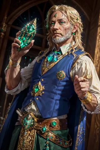 A realistic portrait of a man with intricate gold engravings and glowing magic emeralds on his jewelry and clothing.