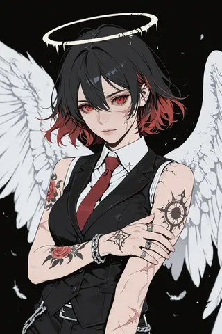 A young woman with short black and red hair, red eyes, angel wings, and a halo, wearing a black vest, white shirt, and red tie, adorned with tattoos and scars.