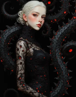 A young teen girl with translucent white skin and white hair wears a futuristic black lace dress with intricate red glowing details, set against a dark background with black thorny tentacles.
