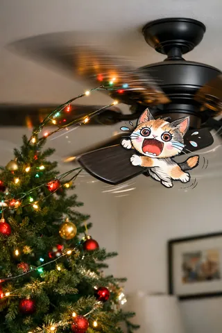 A fast-spinning ceiling fan with Christmas tree lights tangled, causing the tree to lean, and a hand-drawn 2D chibi cat holding onto the fan blades, looking dizzy and scared.