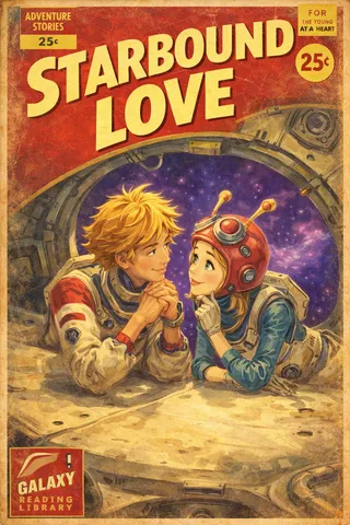 Vintage sci-fi paperback cover titled 'Starbound Love' featuring a blonde astronaut and a girl in a red antennaed helmet leaning in a spaceship hatch with a purple starfield background.