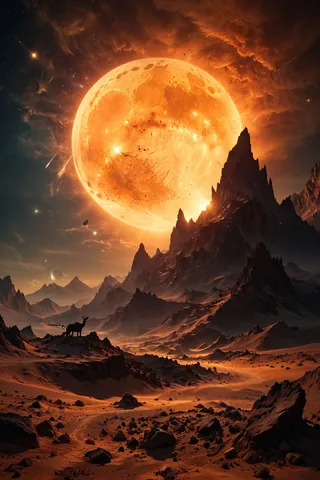 A surreal moonscape featuring jagged rocky peaks rising from a barren dusty terrain under a large fiery orange moon and a vibrant starry sky.