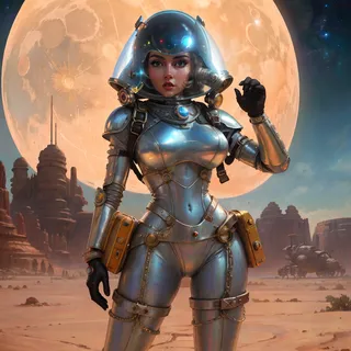 A woman wearing a polished aluminum space suit with a glass dome helmet and jetpack stands against a desert moon landscape with rocky formations and a large glowing moon behind her, showcasing perfect hair and AtomPunk style details.
