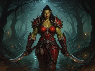 Muscular green-skinned female orc with black long hair and yellow eyes, wearing red spiked armor and holding two curved swords in a dark forest at night.