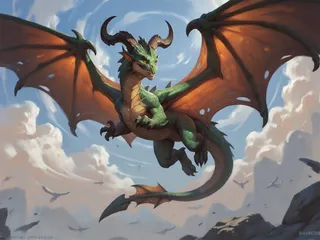 Green dragon with glowing yellow eyes and large curved horns flying in a blue sky filled with swirling clouds and distant birds