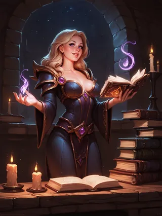 A blonde-haired wizard with purple eyes dressed in dark, ornate armor practices magic at night, surrounded by books and glowing candles.
