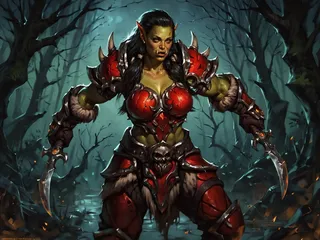 Muscular orc woman with green skin and long black hair wearing red spiked armor and dual wielding daggers in a dark black forest at night.