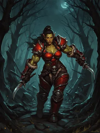 Muscular orc woman with green skin and yellow eyes wearing red armor and dual wielding daggers, standing in a dark, eerie forest at night.