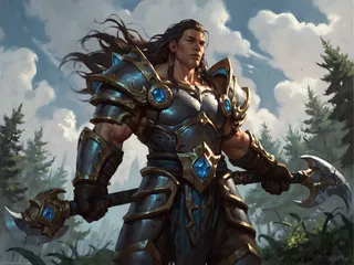 Muscular warrior with long hair stands outdoors in full armor and breastplate, holding a double-headed weapon against a cloudy sky and forest background.
