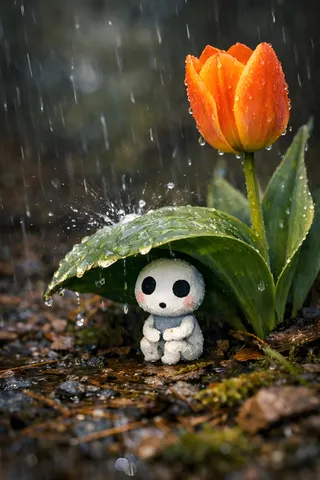 Small chibi kodama wood spirit sitting under a large green tulip leaf sheltering from heavy rain drops, next to a vibrant orange tulip on a damp forest floor.