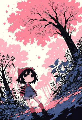 A chibi girl with striped sleeves and blue overalls stands in a surreal pink forest beside a small cat, surrounded by stylized trees and foliage in a dreamlike digital art style.