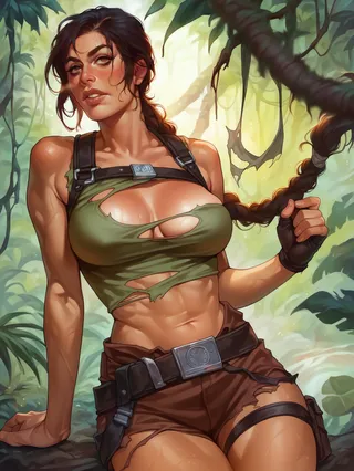 Lara Croft with torn clothes and braided hair posing in a jungle setting with volumetric light and steam on her body, rendered in Othalam style.