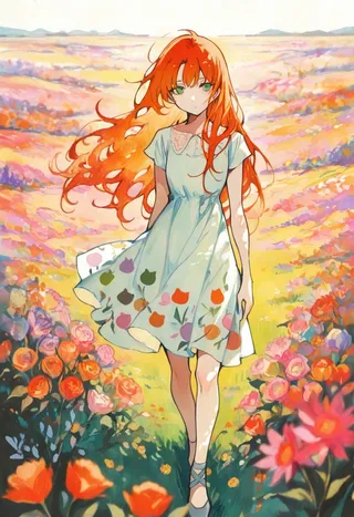 Girl with long orange hair and green eyes walking in a vibrant field of flowers, wearing a dress decorated with colorful flower patterns, rendered in soft watercolor style.