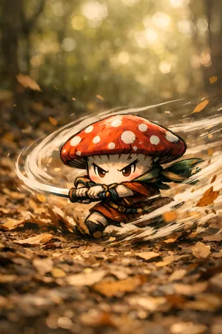 Hand-painted chibi mushroom warrior running on a forest floor with katana, surrounded by swirling motion trails and bokeh light effects.