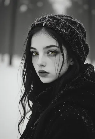 Black and white portrait of a Nordic woman with green eyes wearing a wool hat, with snow falling and frost on her clothing.