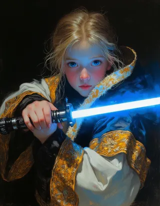 A highly detailed digital painting of a teen girl in ornate Jedi robes holding a glowing blue lightsaber with Rembrandt lighting emphasizing her delicate features and large blue eyes.