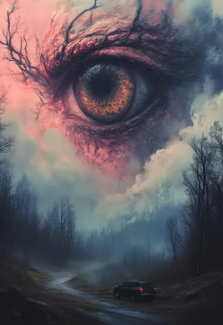 Surreal artwork showing a giant detailed eye with fiery iris above a winding wet road through a twilight forest with a black SUV driving.